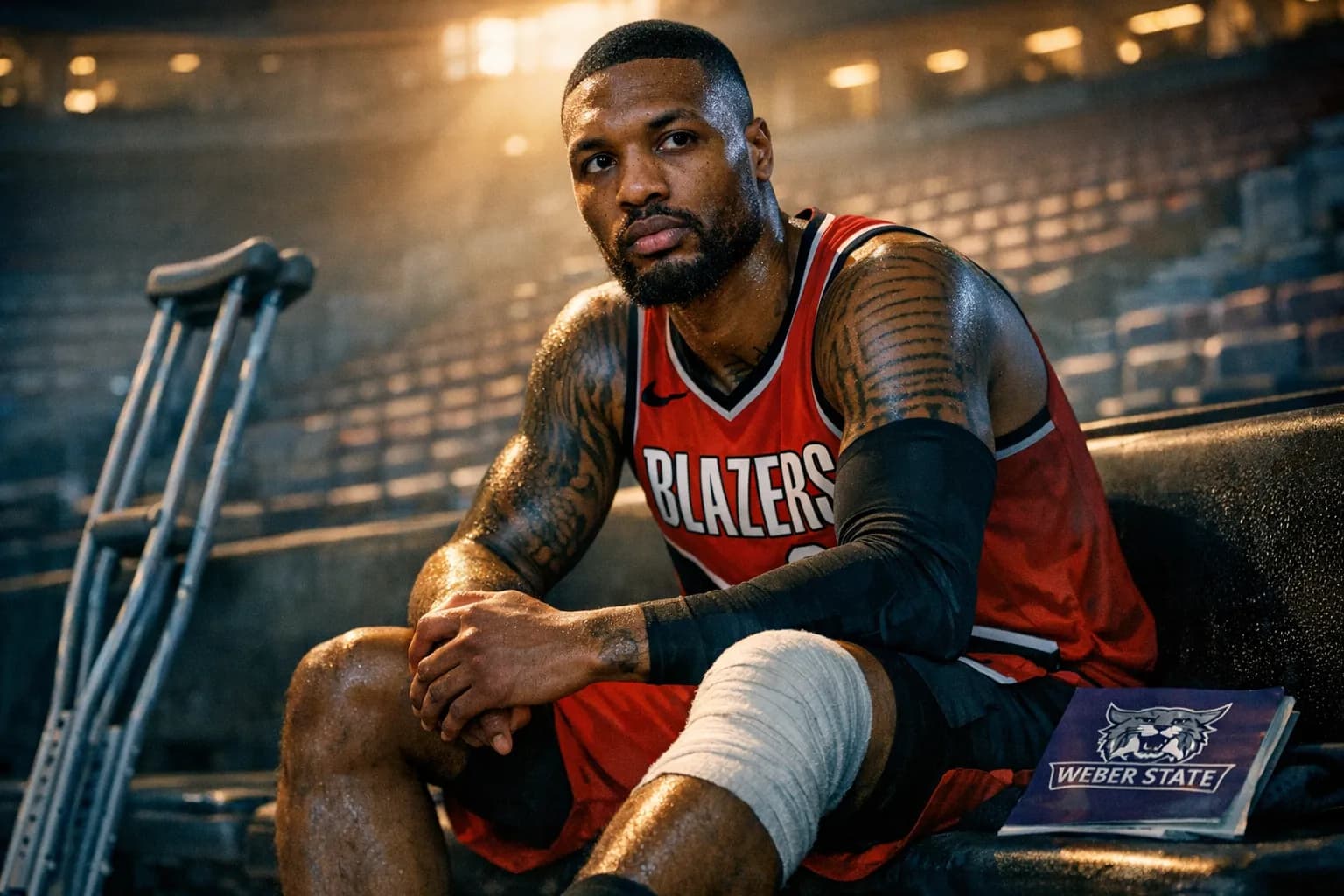 Damian Lillard seated on a bench in an empty arena with a wrapped ankle and crutches, wearing a Trail Blazers jersey