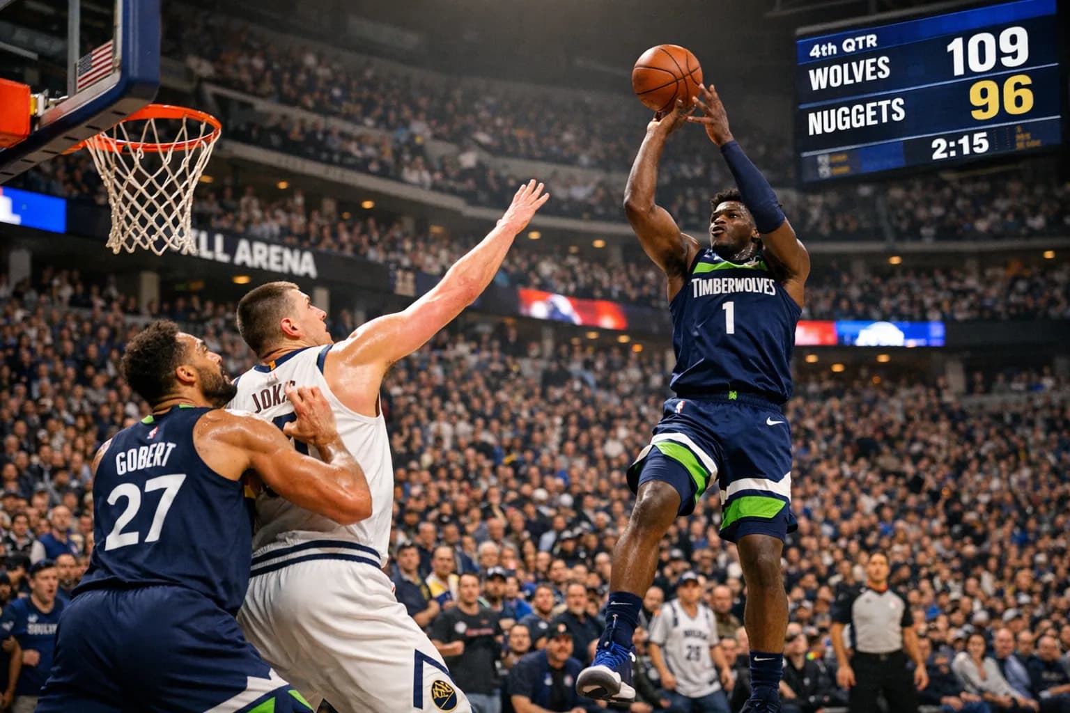 Anthony Edwards shoots over Nikola Jokić with Ball Arena crowd in background during Timberwolves vs Nuggets game.
