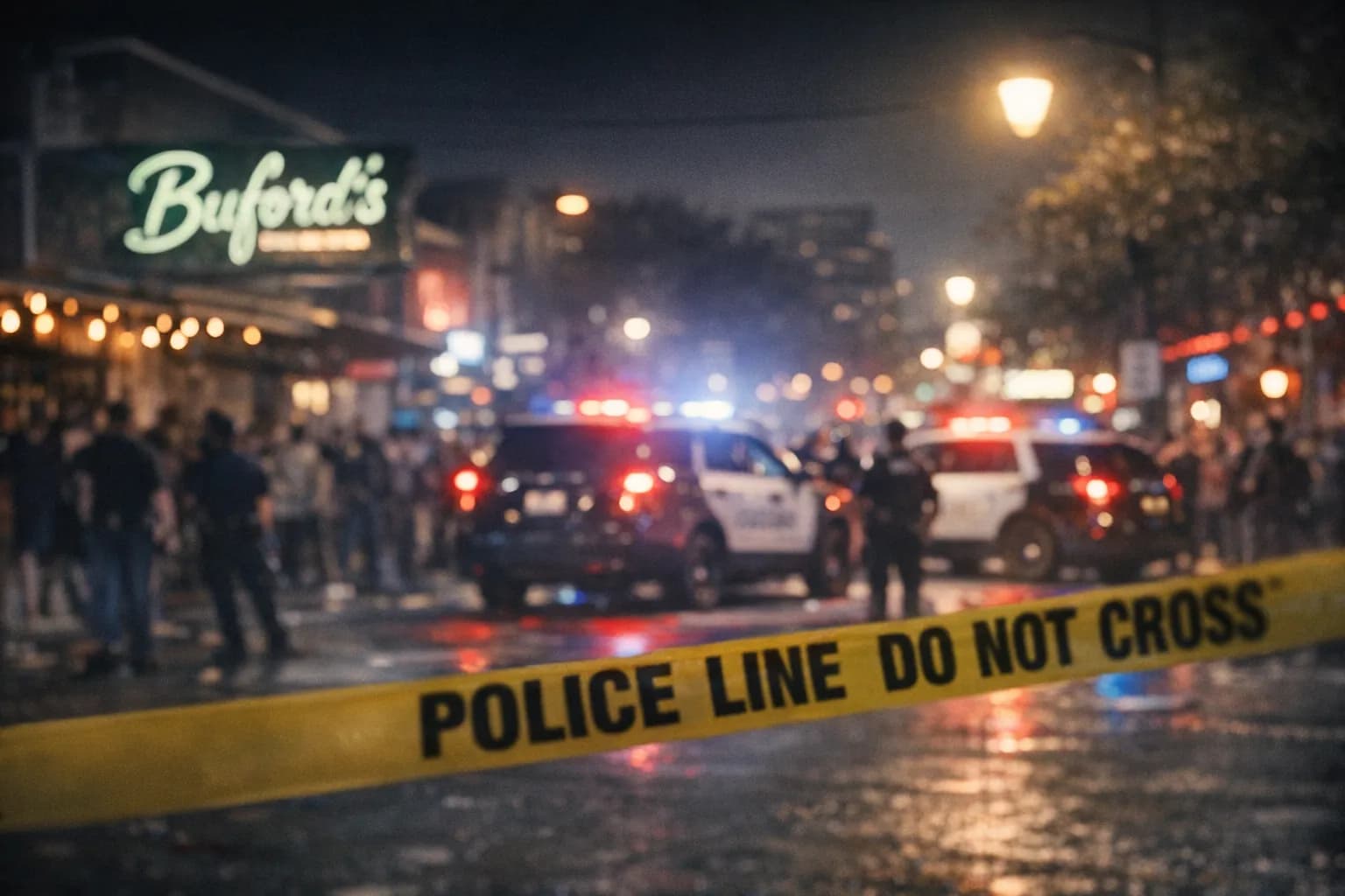 Police vehicles and evidence tape outside Buford's on West Sixth Street at night after a shooting, with emergency lights reflecting on wet pavement.