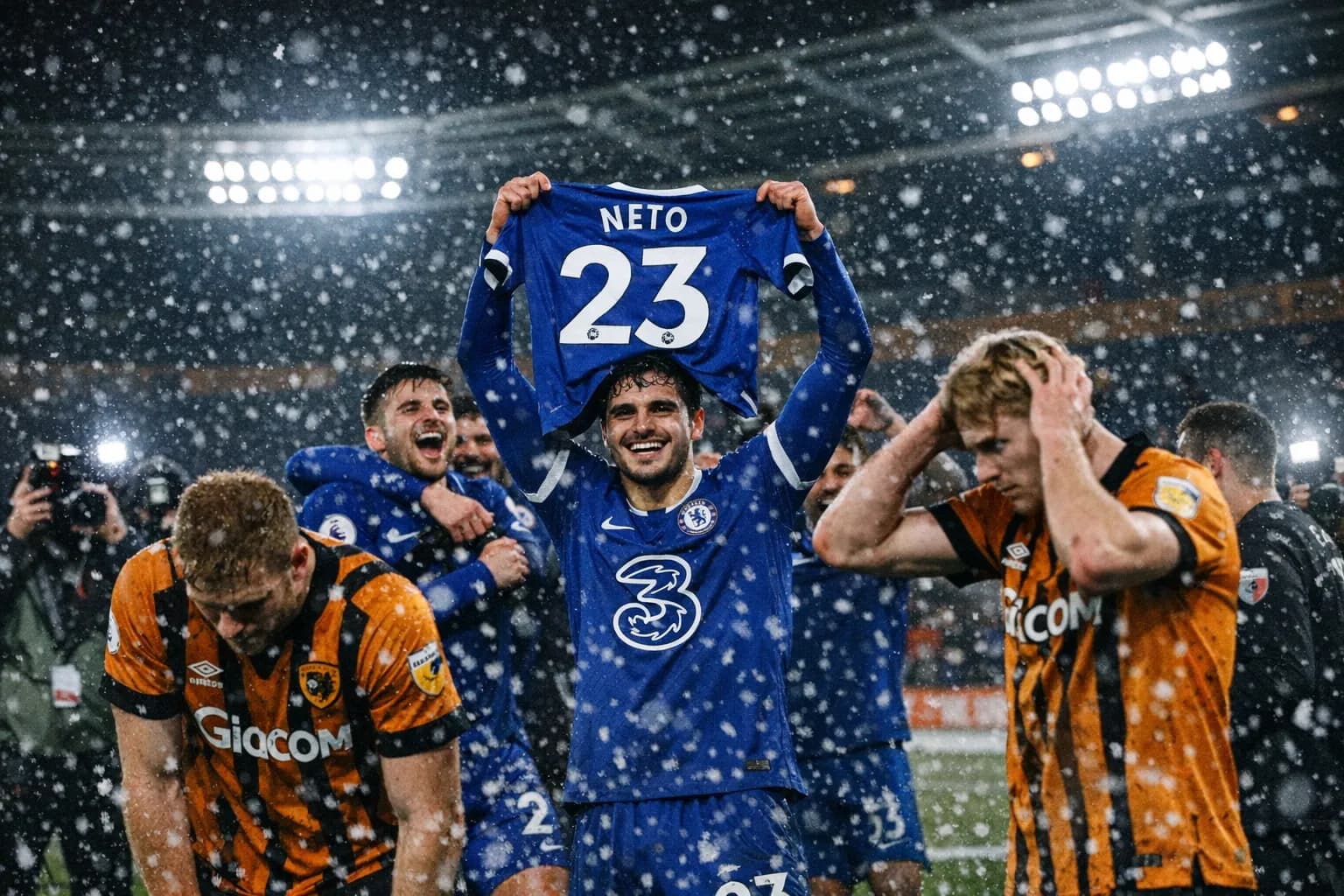 Chelsea players celebrating Pedro Neto's hat-trick at MKM Stadium, Hull players dejected in the foreground